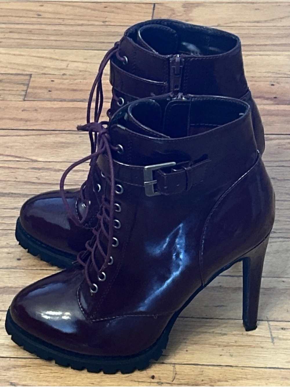 Chinese Laundry Burgundy Patent Lace-Up Heeled Ankle Boots Zip Ex Condition Sz 8